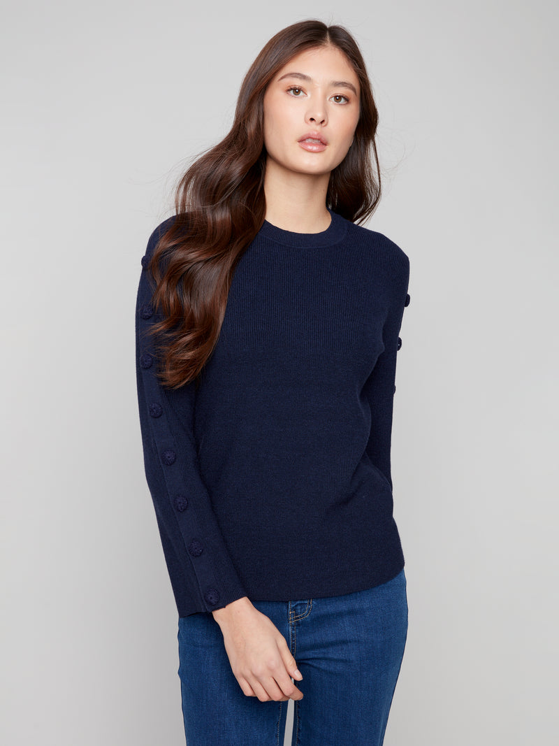 CHARLIE B // 2919 CREW NECK SWEATER WITH BUTTON DETAILS NAVY