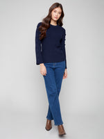 CHARLIE B // 2919 CREW NECK SWEATER WITH BUTTON DETAILS NAVY