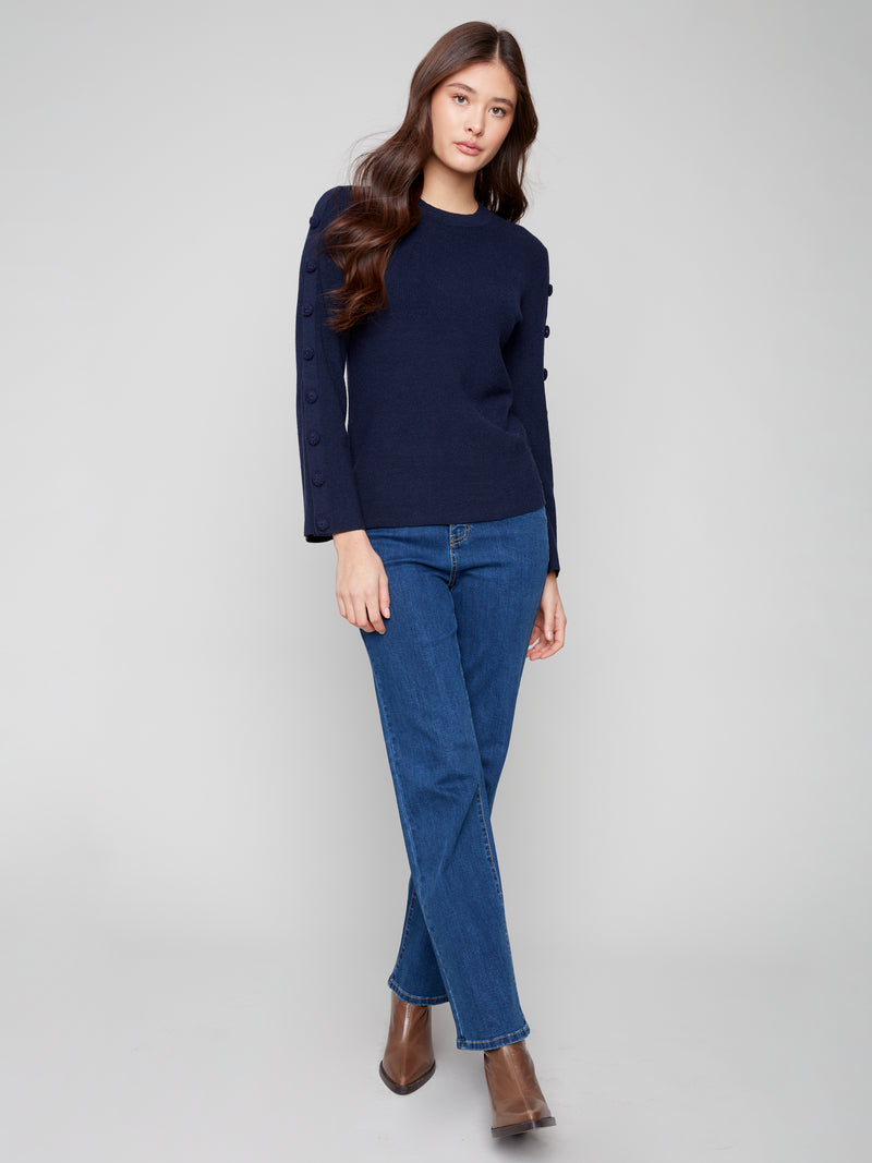 CHARLIE B // 2919 CREW NECK SWEATER WITH BUTTON DETAILS NAVY