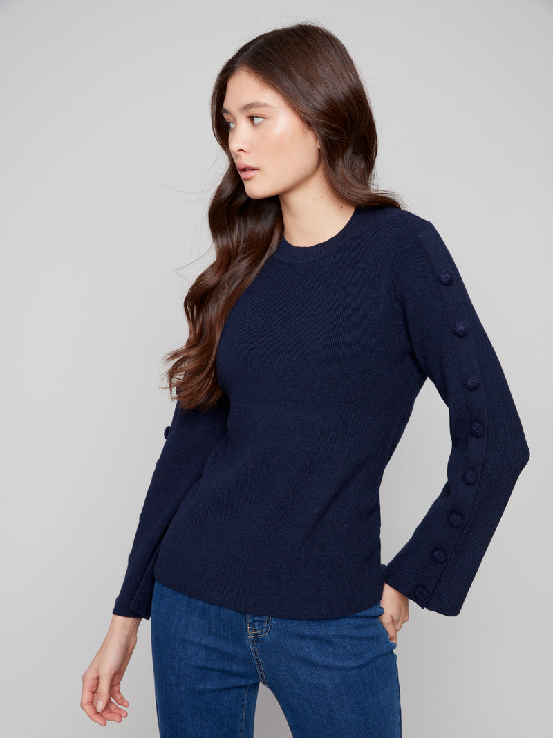 CHARLIE B // 2919 CREW NECK SWEATER WITH BUTTON DETAILS NAVY