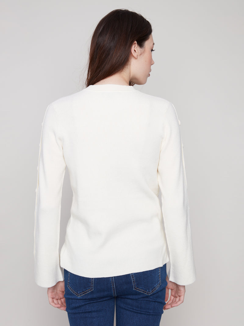 CHARLIE B // 2919 CREW NECK SWEATER WITH BUTTON DETAILS ECRU