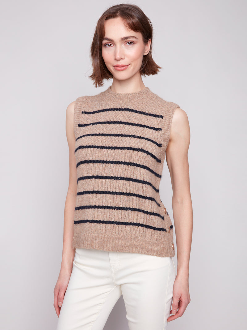 CHARLIE B // 2927 SLEEVELESS SWEATER WITH SNAP DETAILS TRUFFLE