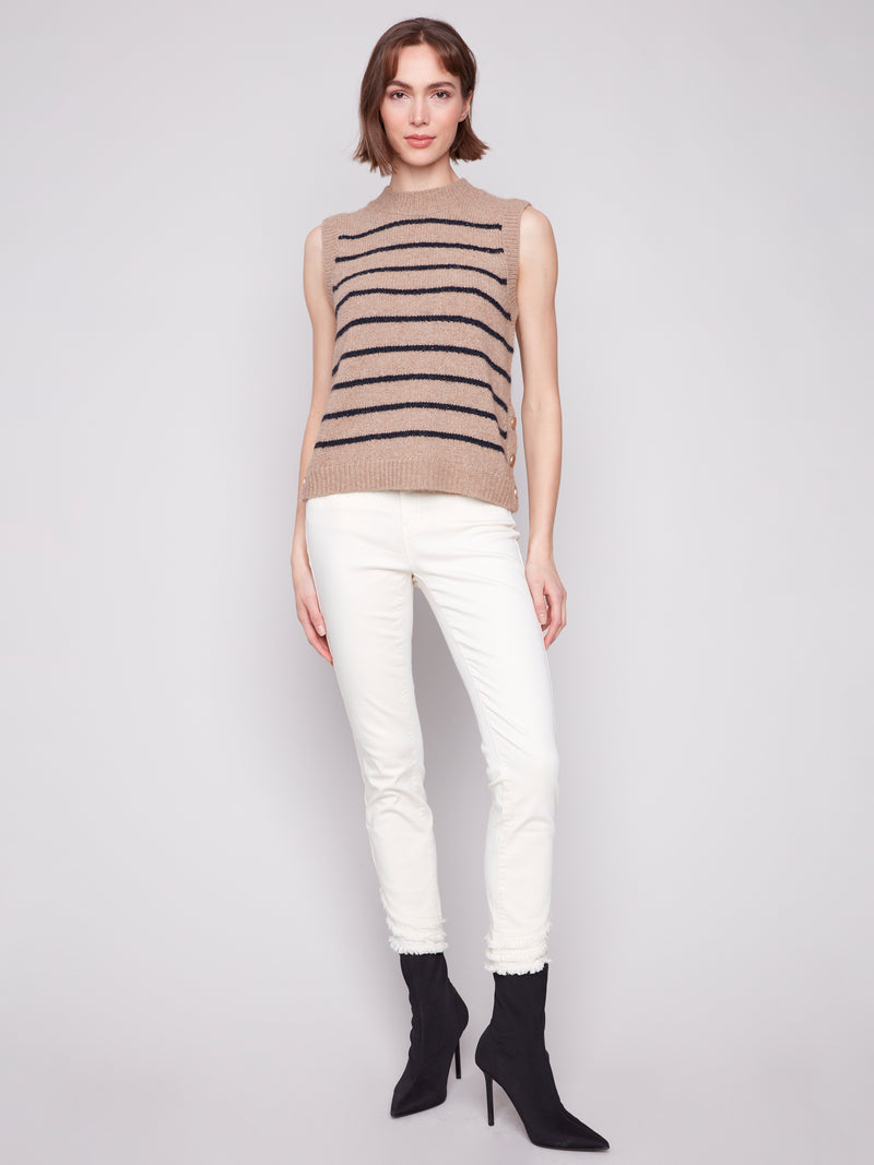 CHARLIE B // 2927 SLEEVELESS SWEATER WITH SNAP DETAILS TRUFFLE