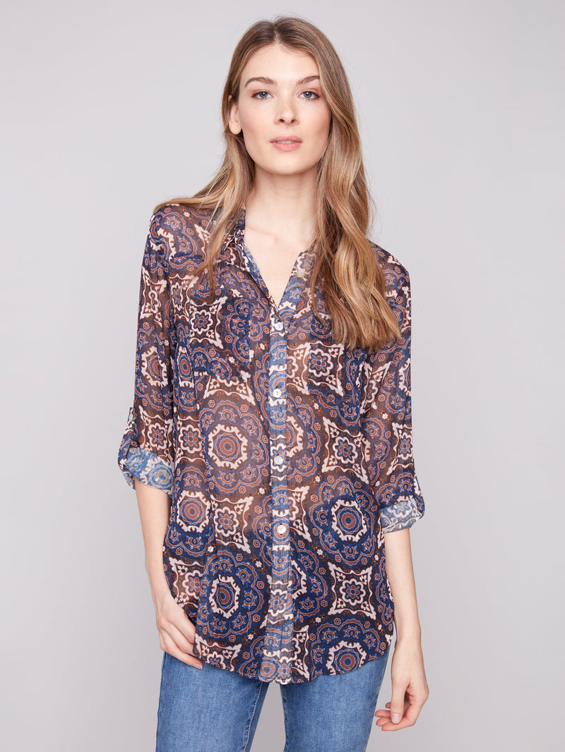 CHARLIE B // 4308PR PRINTED BLOUSE MEDALLION