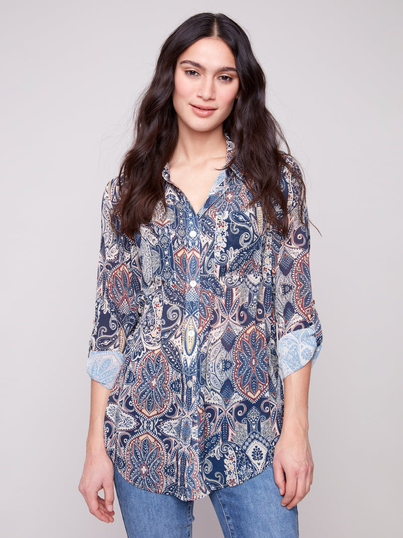 CHARLIE B // 4308PR PRINTED BLOUSE WITH TIE FRONT JOLLY