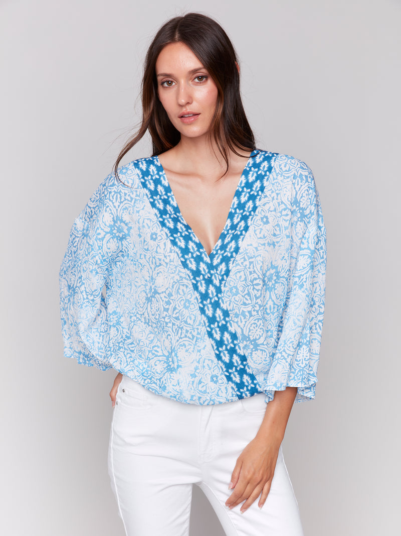 CHARLIE B // C4466P PRINTED OVERLAP BLOUSE