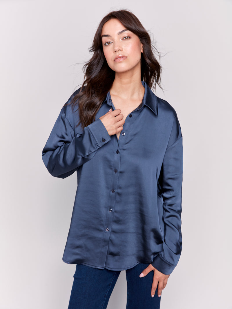 CHARLIE B // 4489R SATIN BLOUSE NAVY