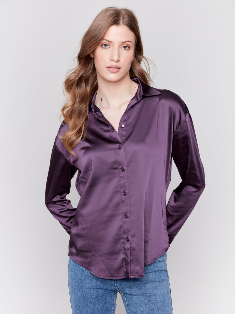 CHARLIE B // 4489R SATIN BLOUSE PLUM