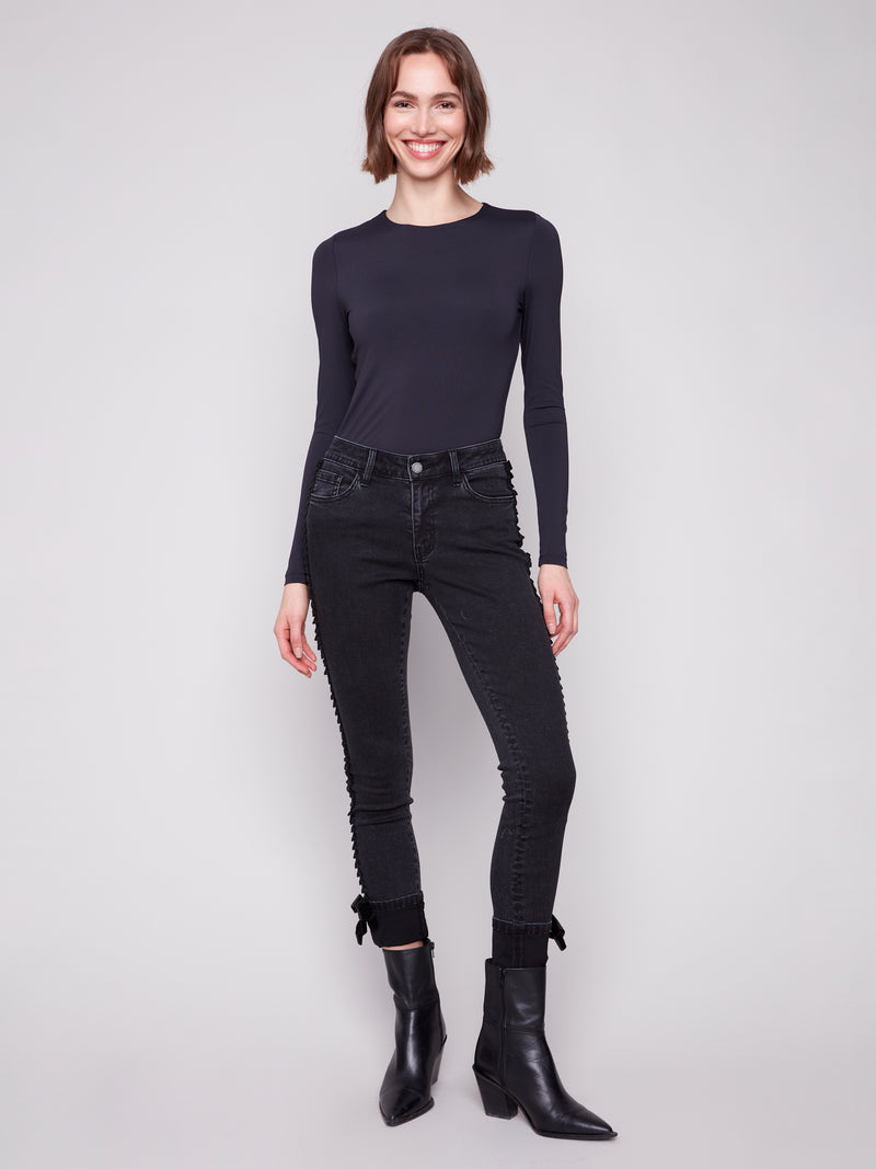 CHARLIE B // 5123RR DENIM WITH VELVET BOW TRIM CHARCOAL