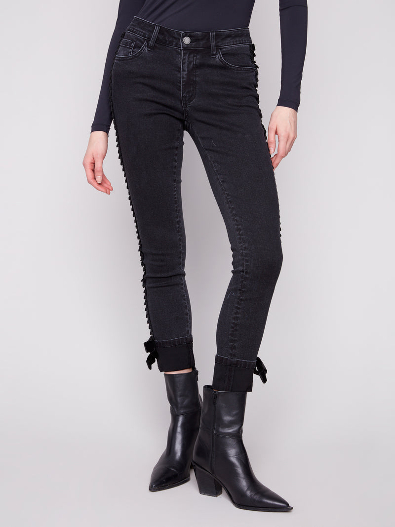 CHARLIE B // 5123RR DENIM WITH VELVET BOW TRIM CHARCOAL