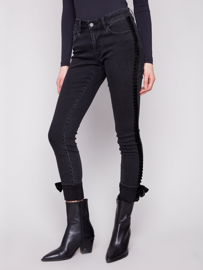 CHARLIE B // 5123RR DENIM WITH VELVET BOW TRIM CHARCOAL