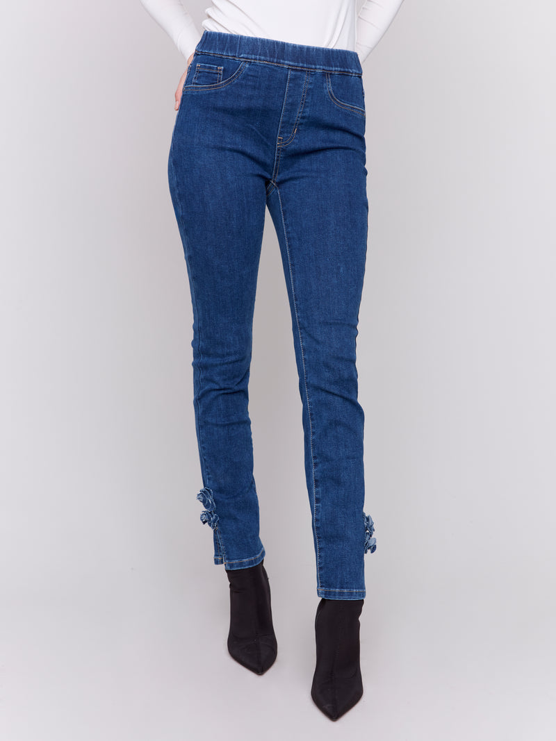 CHARLIE B // 5585 PULL-ON STRETCH DENIM WITH ROSE DETAIL