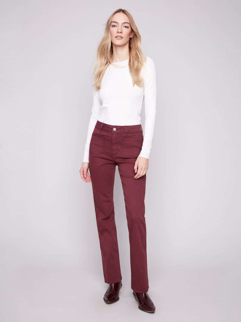 CHARLIE B // 5687 FLARED DENIM WITH PATCH POCKETS CABERNET