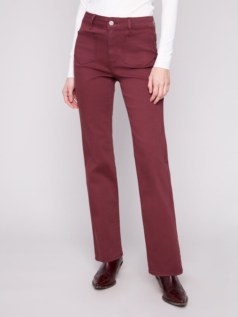 CHARLIE B // 5687 FLARED DENIM WITH PATCH POCKETS CABERNET