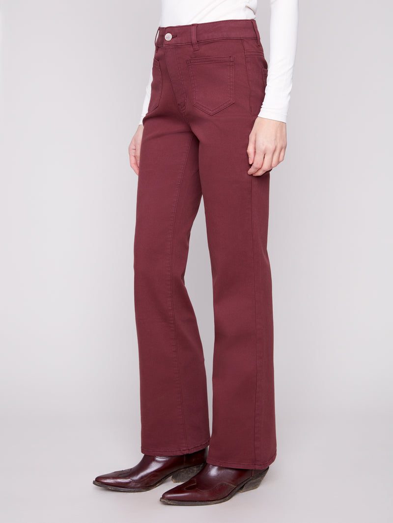 CHARLIE B // 5687 FLARED DENIM WITH PATCH POCKETS CABERNET