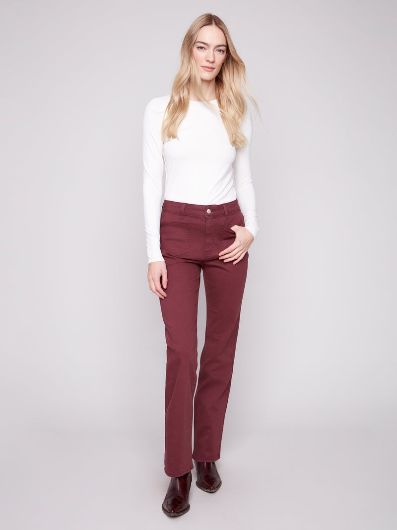 CHARLIE B // 5687 FLARED DENIM WITH PATCH POCKETS CABERNET