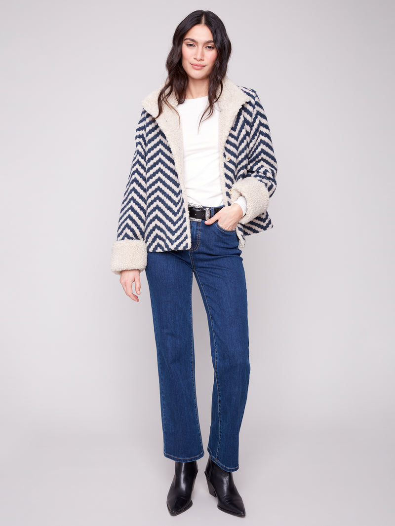 CHARLIE B // 6379  PATTERNED BOUCLÉ JACKET WITH SHERPA TRIM