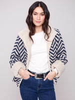 CHARLIE B // 6379  PATTERNED BOUCLÉ JACKET WITH SHERPA TRIM