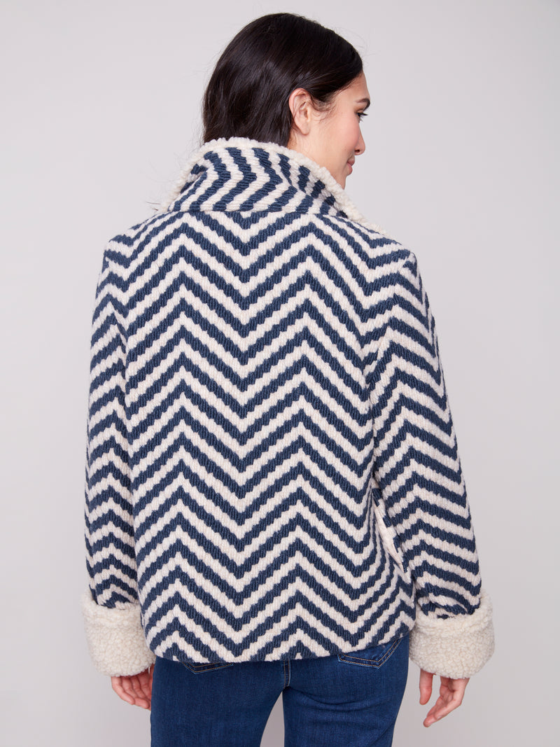 CHARLIE B // 6379  PATTERNED BOUCLÉ JACKET WITH SHERPA TRIM