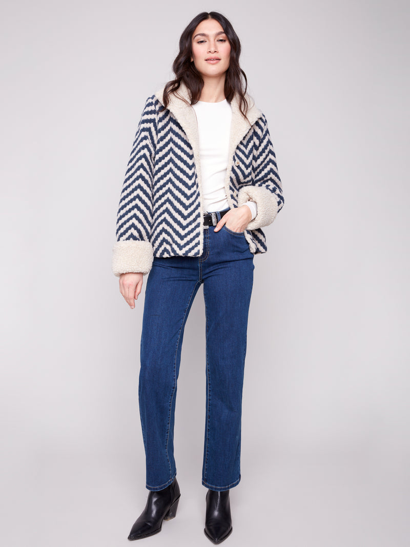 CHARLIE B // 6379  PATTERNED BOUCLÉ JACKET WITH SHERPA TRIM