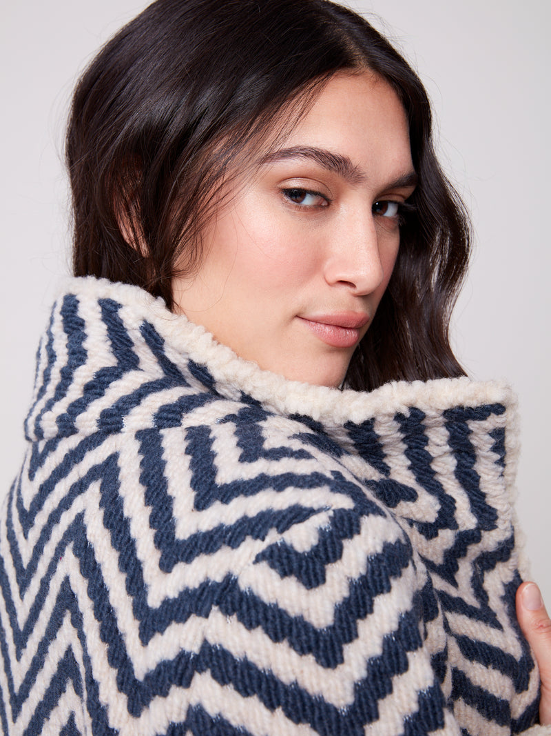 CHARLIE B // 6379  PATTERNED BOUCLÉ JACKET WITH SHERPA TRIM
