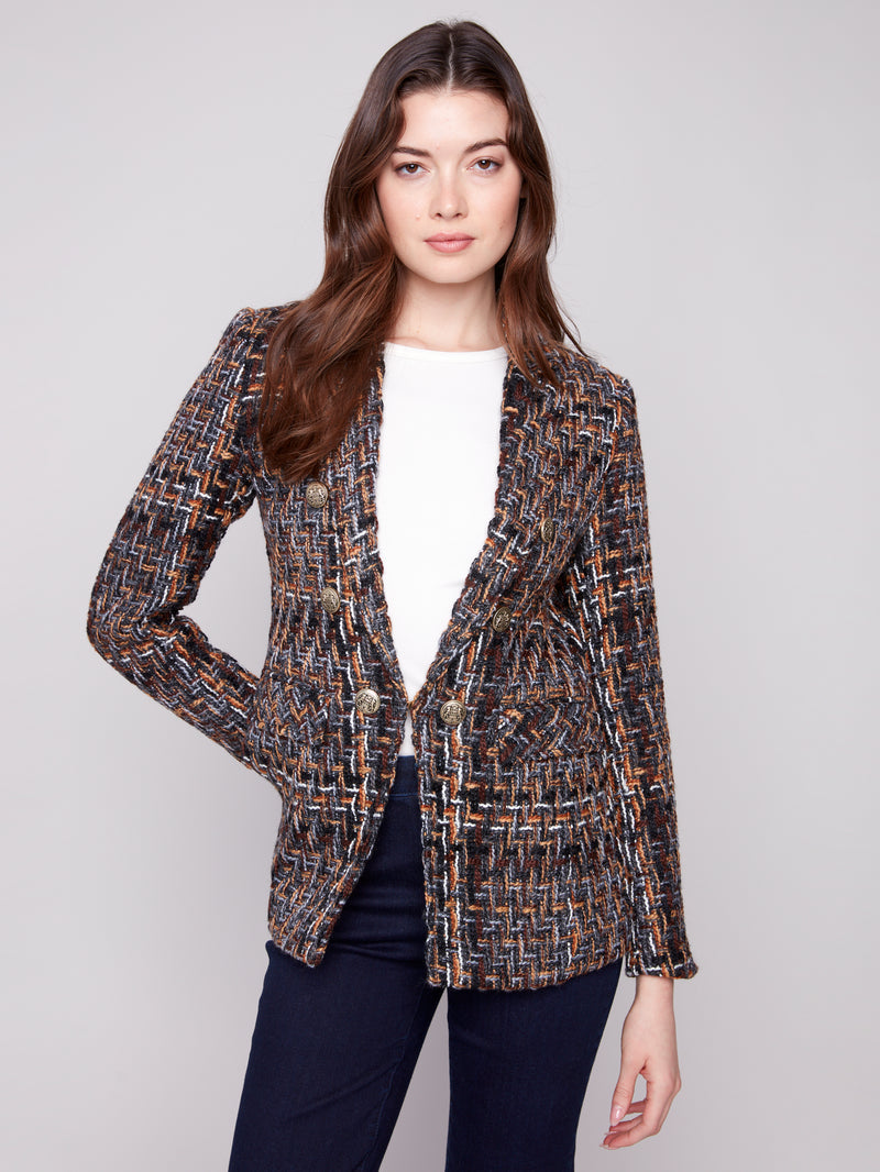 CHARLIE B // 6394 CHEVRON TWEED BLAZER WITH GOLD BUTTONS