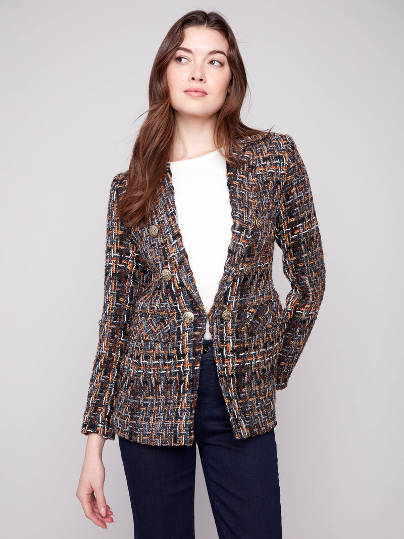 CHARLIE B // 6394 CHEVRON TWEED BLAZER WITH GOLD BUTTONS