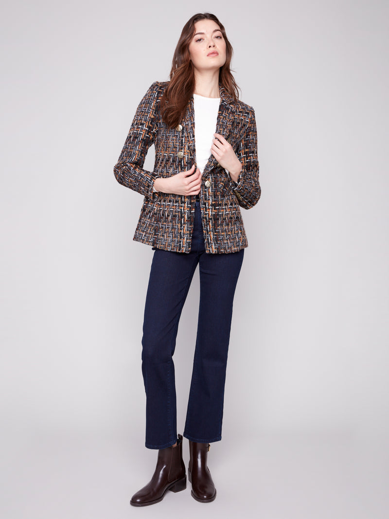 CHARLIE B // 6394 CHEVRON TWEED BLAZER WITH GOLD BUTTONS