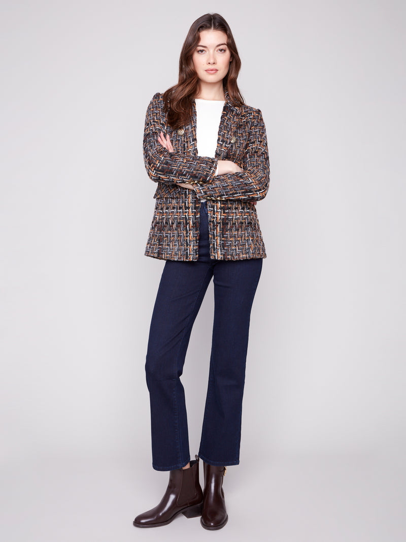 CHARLIE B // 6394 CHEVRON TWEED BLAZER WITH GOLD BUTTONS