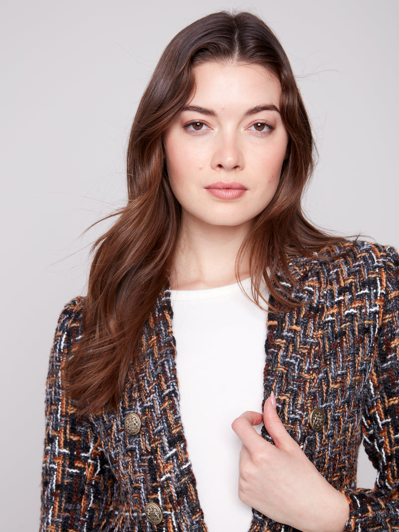 CHARLIE B // 6394 CHEVRON TWEED BLAZER WITH GOLD BUTTONS