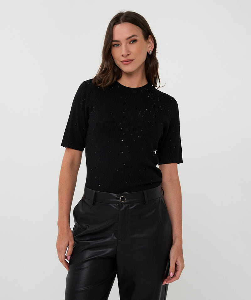 ESQUALO // 02521 SHORT SLEEVE SWEATER WITH STUDS BLACK
