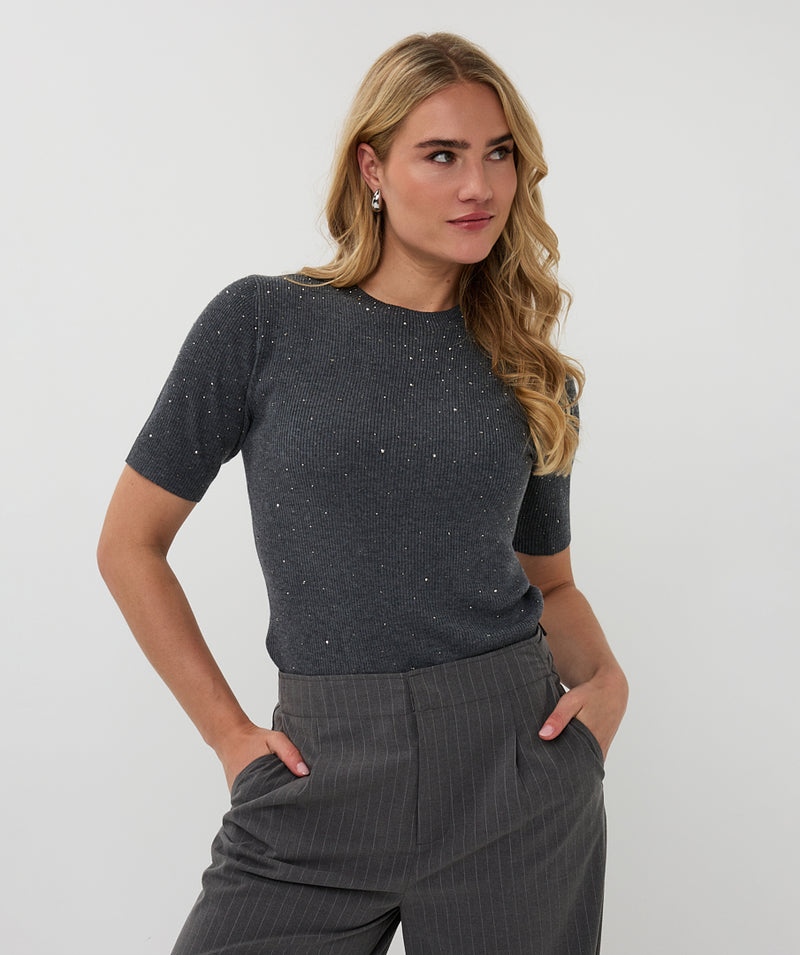 ESQUALO // 02521 SHORT SLEEVE SWEATER WITH STUDS DARK GREY MELANGE