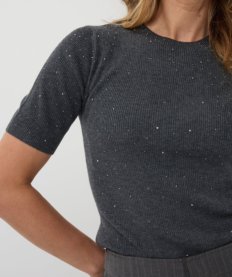 ESQUALO // 02521 SHORT SLEEVE SWEATER WITH STUDS DARK GREY MELANGE