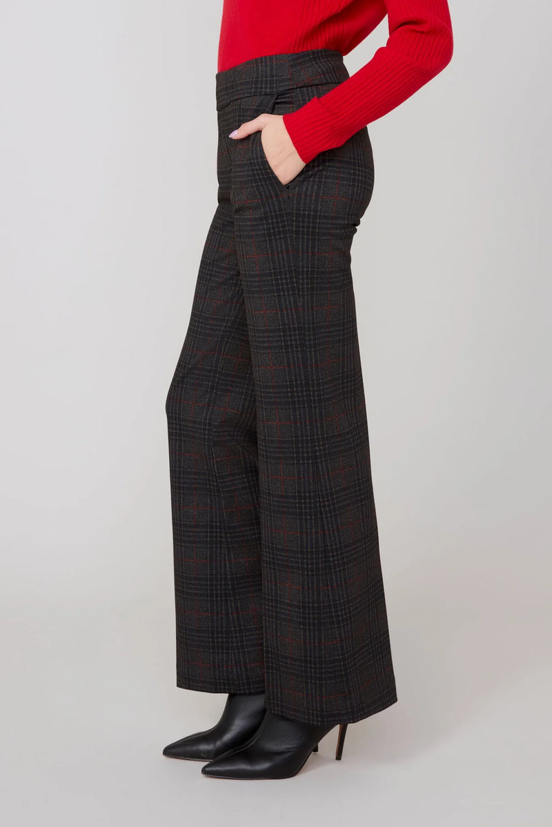 RENUAR // R10054 WIDE LEG PULL-ON PANTS PLAID SCARLET COMBO'