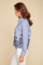 RENUAR // R5189 STRIPED BUTTON UP BLOUSE WITH EYELET DETAIL