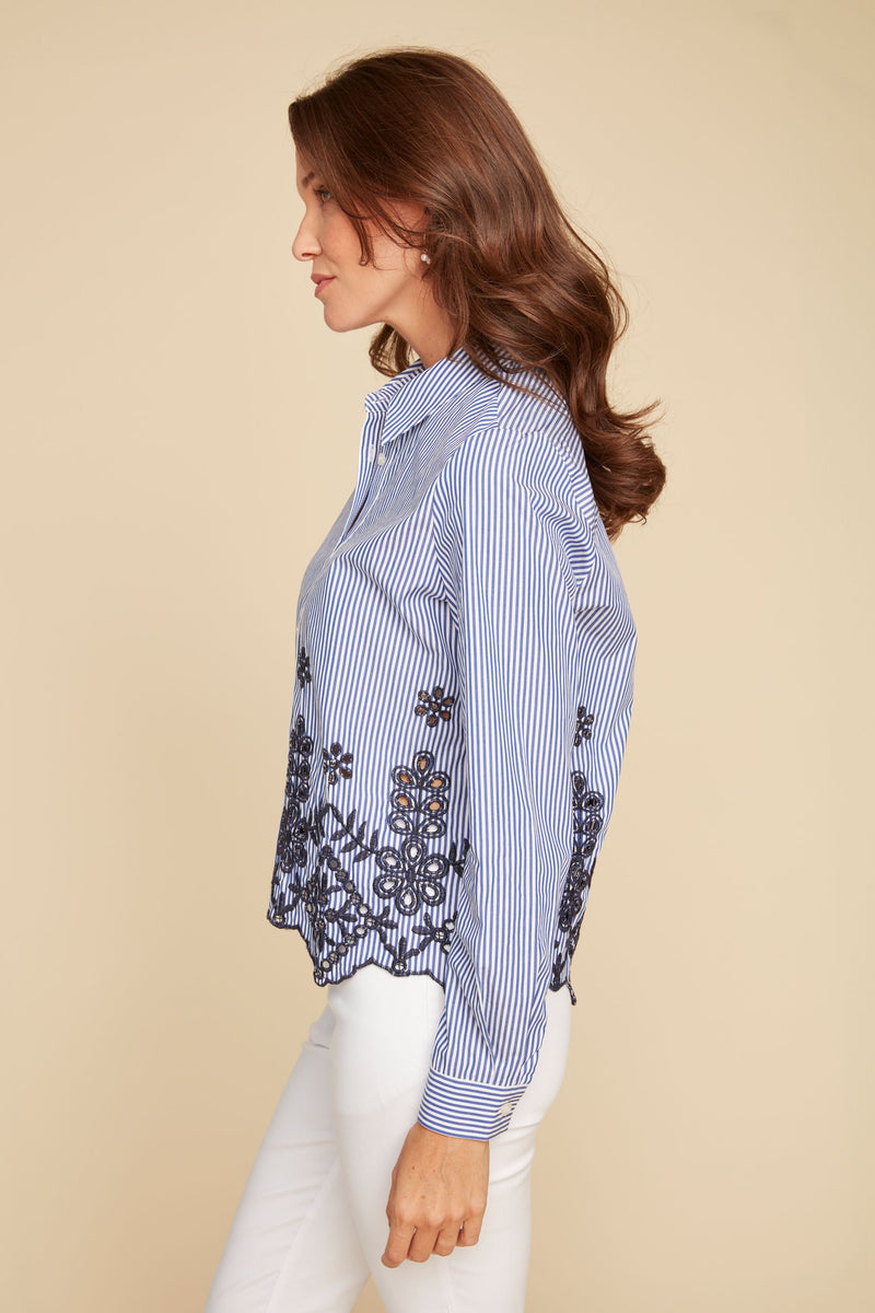 RENUAR // R5189 STRIPED BUTTON UP BLOUSE WITH EYELET DETAIL