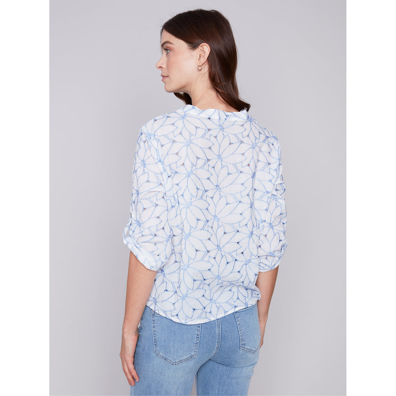 CHARLIE B // 4467 EMBROIDERED BLOUSE SKY