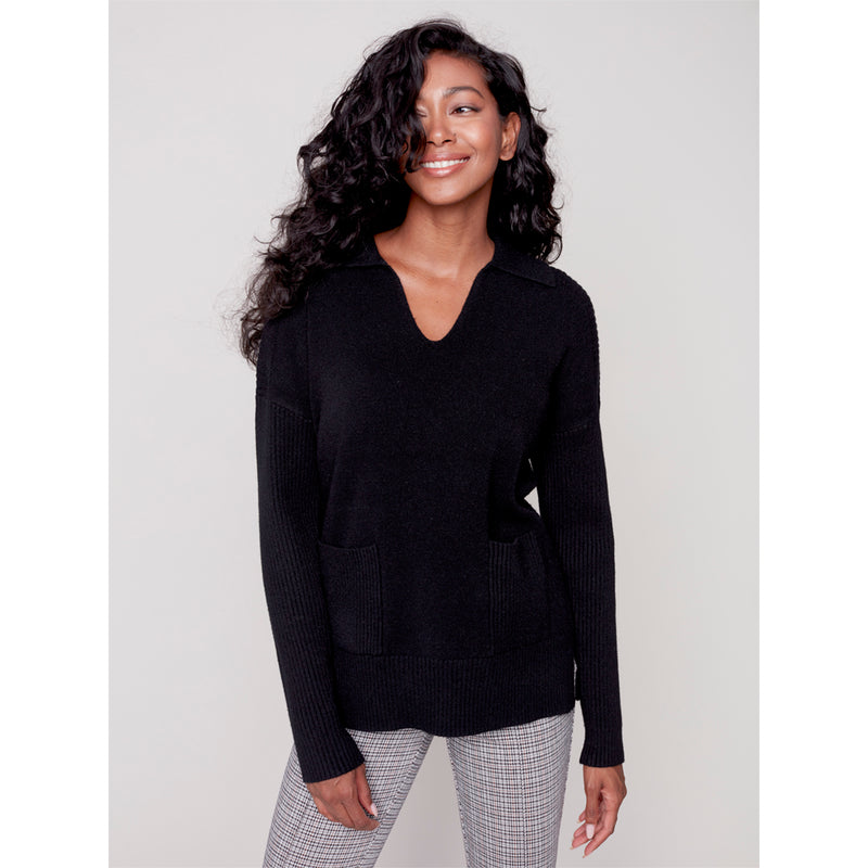 CHARLIE B // 2547 COLLARED KNIT SWEATER BLACK