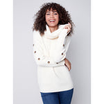 CHARLIE B // 2604 COWL NECK SWEATER WITH BUTTON DETAIL ECRU