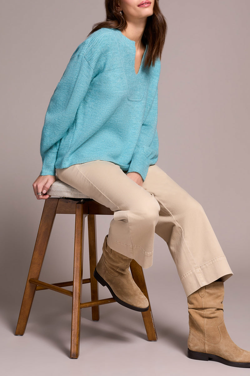 TRIBAL // 2380O LONG SLEEVE NOTCH NECKLINE SWEATER MIST BLUE