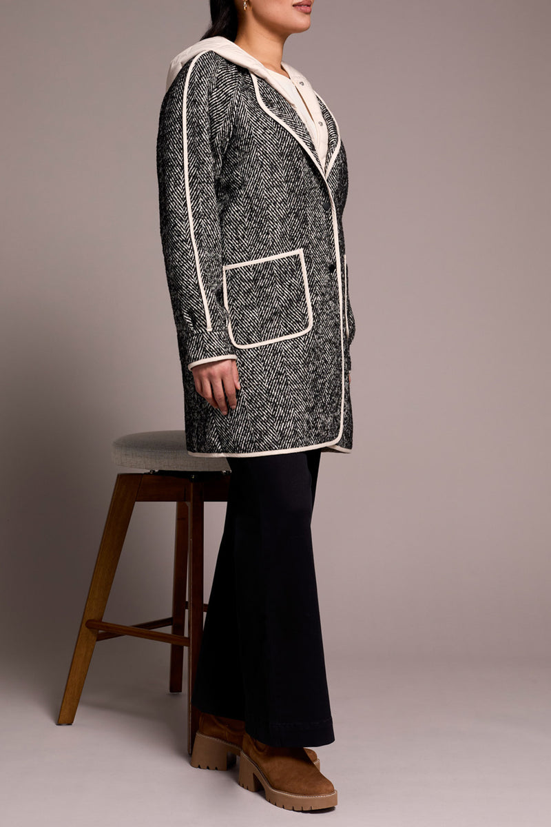 TRIBAL // 2331O HERRING BONE COAT WITH FAUX HOODIE