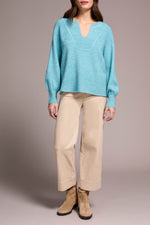 TRIBAL // 2380O LONG SLEEVE NOTCH NECKLINE SWEATER MIST BLUE