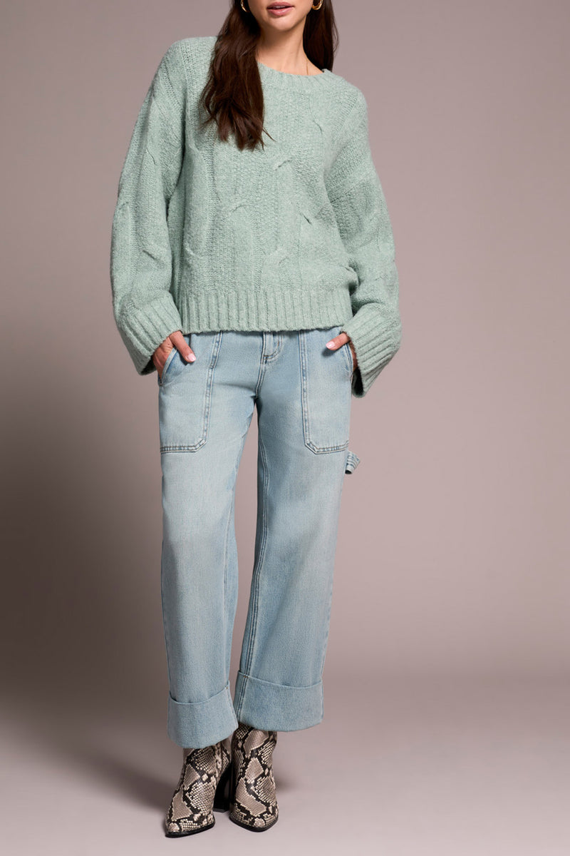 TRIBAL // 5950O CABLE KNIT SWEATER HEATHER SILVER PINE