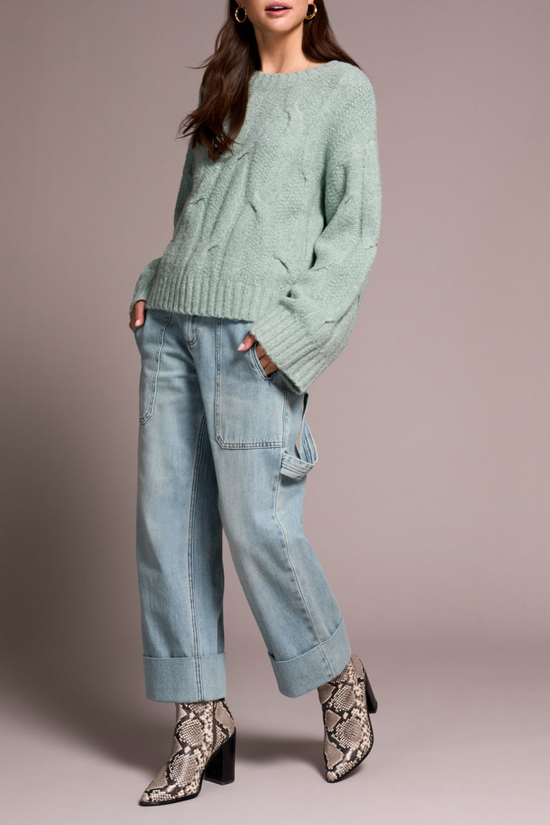 TRIBAL // 5950O CABLE KNIT SWEATER HEATHER SILVER PINE