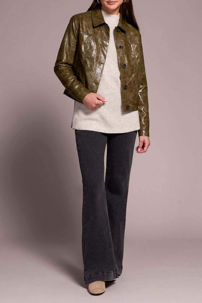 TRIBAL // 5921O BUTTON UP MOTO JACKET OLIVE LEAF